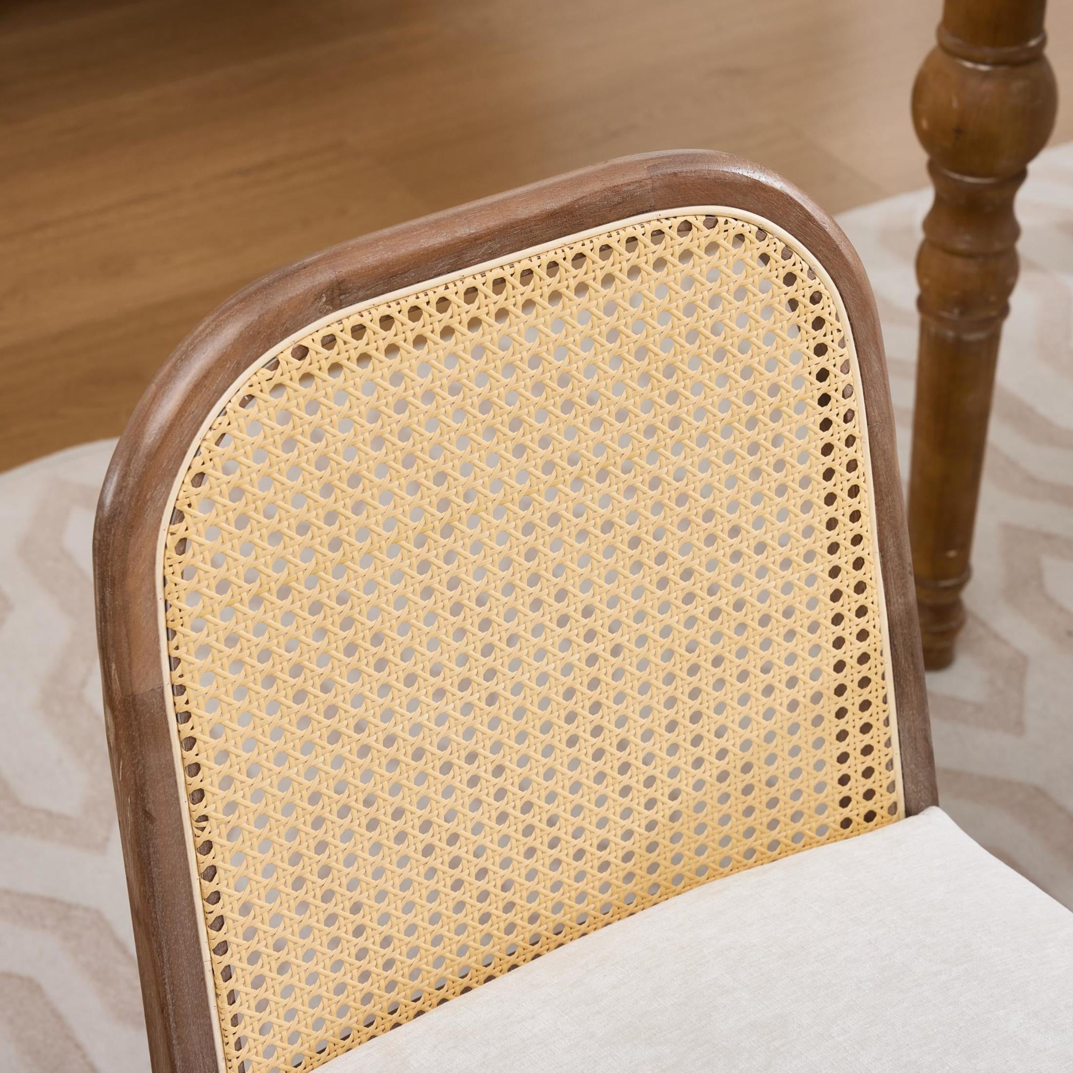 Noble House Set of 2 Dining Chairs, Curved Cane Back, Chenille Upholstered Seat, Beige