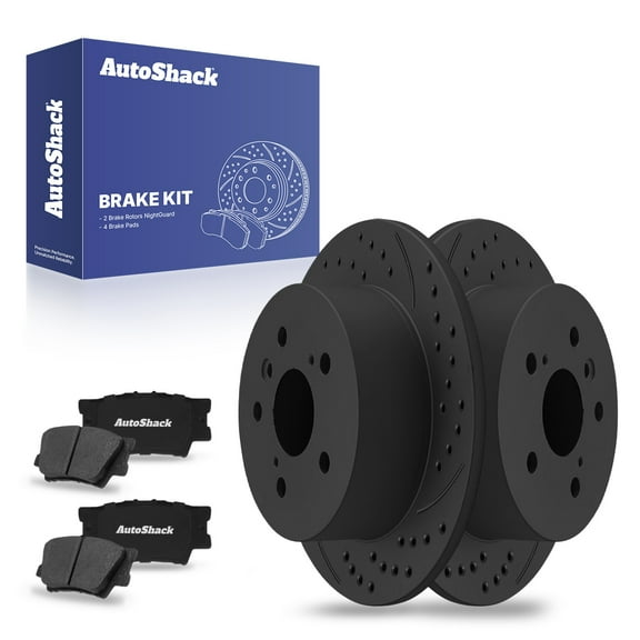 AutoShack Rear Brake Kit Replacement for Toyota Camry Lexus ES350 Drilled & Slotted Black E-Coated Disc Brake Rotors Ceramic Brakes Pads 11.06" 281 mm NightGuard BRK020355613