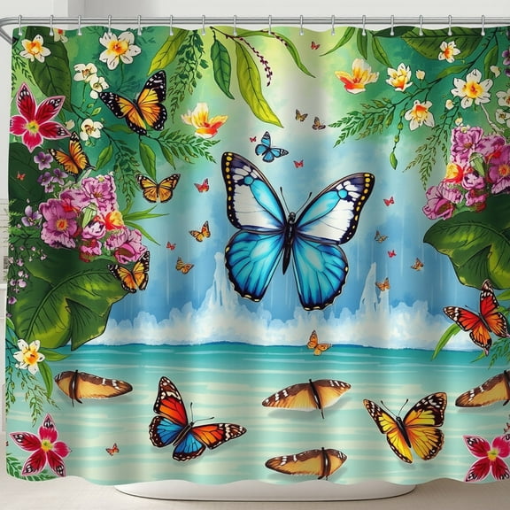 Tropical Butterfly Shower Curtain - Vibrant Blue & Colorful Design, Lagoon Escape