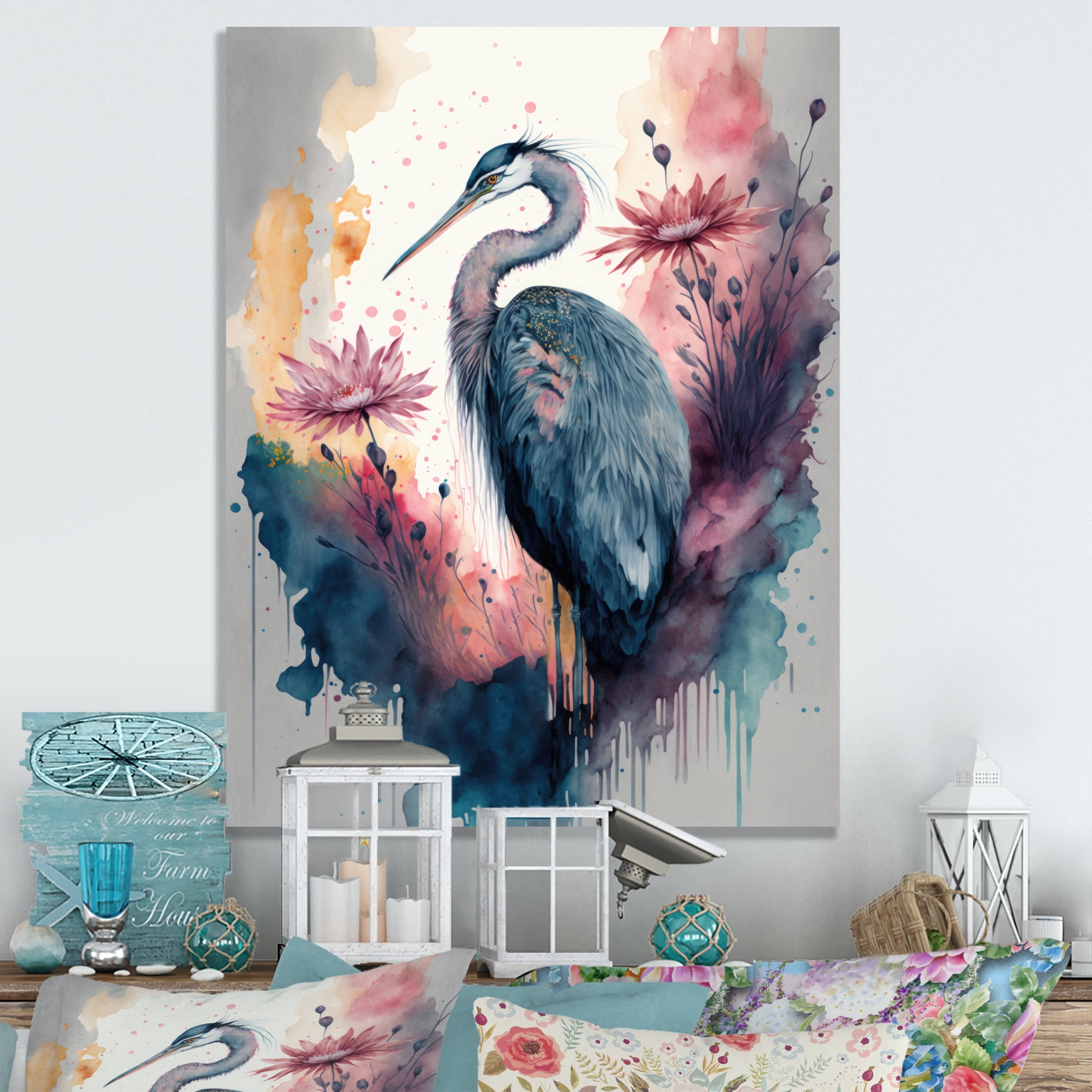 Designart Cute Heron Floral Art IV Canvas Wall Art