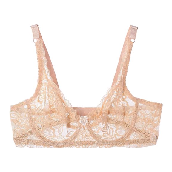 QHFBli Women Plus Size Floral Lace Underwire Bra, Thin Cotton Cup Adjustable Shape Bra, Side Support Hide Armpit Comfort Bras Beige 105D