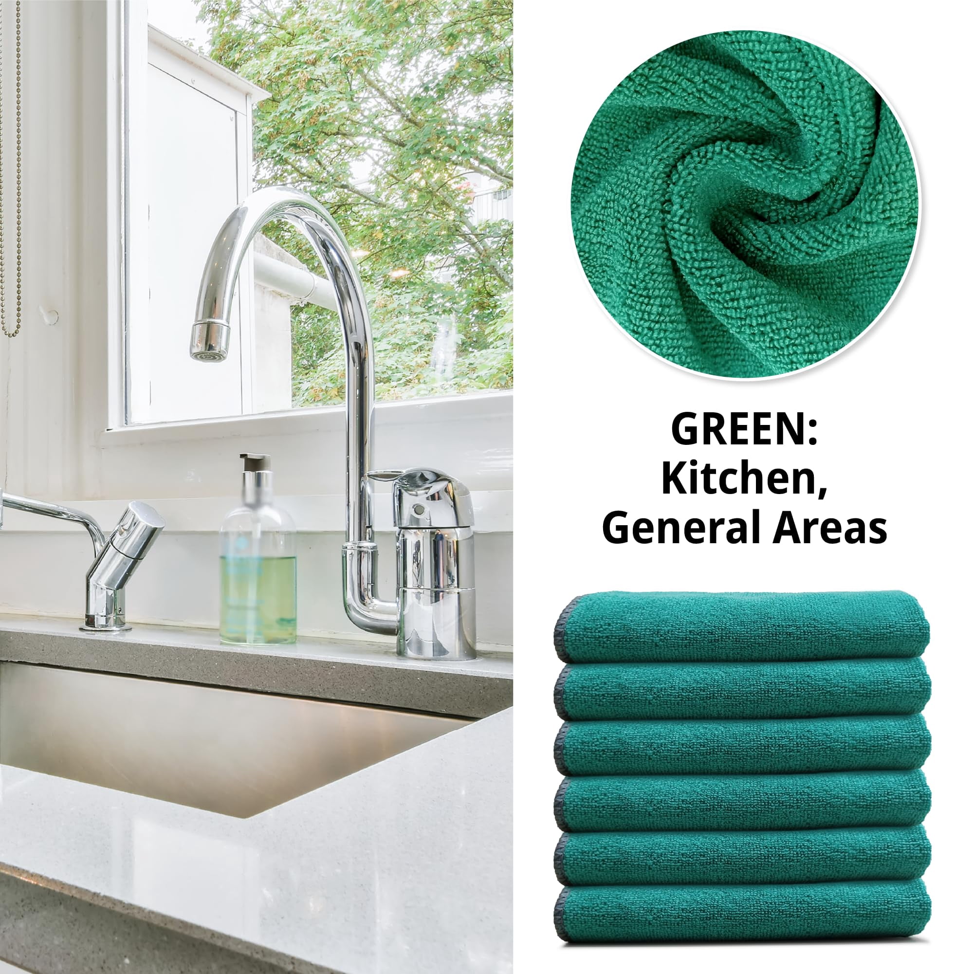 EvaClean Premium Microfiber Cleaning Cloths 16”x16” (Green) - Reusable, Washable, Non-Scratch Towels for Cleaning, Dusting, Polishing, 12-Pack