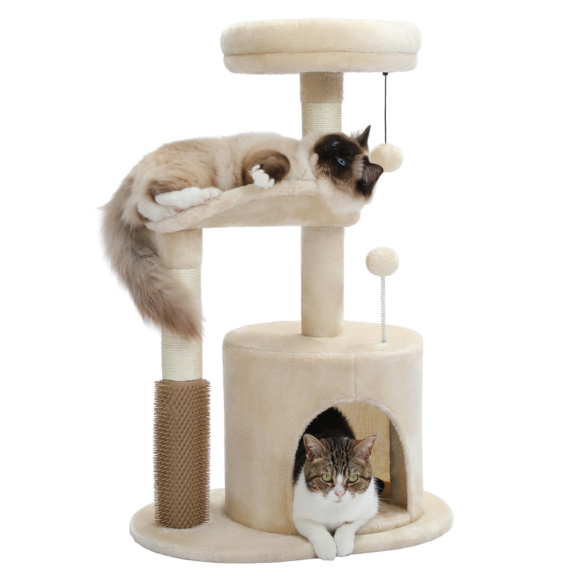 Pefilos 32" Cat Tree Indoor with Self Groomer Brush, Sisal Scratching Post, Dangling Ball, Wood Cat Condo Tower for Small, Medium Cats, Beige Pefilos 32" Cat Tree Indoor with Self Groomer Brush, Sisal Scratching Post, Dangling Ball, Wood Cat Condo Tower for Small, Medium Cats, Beige