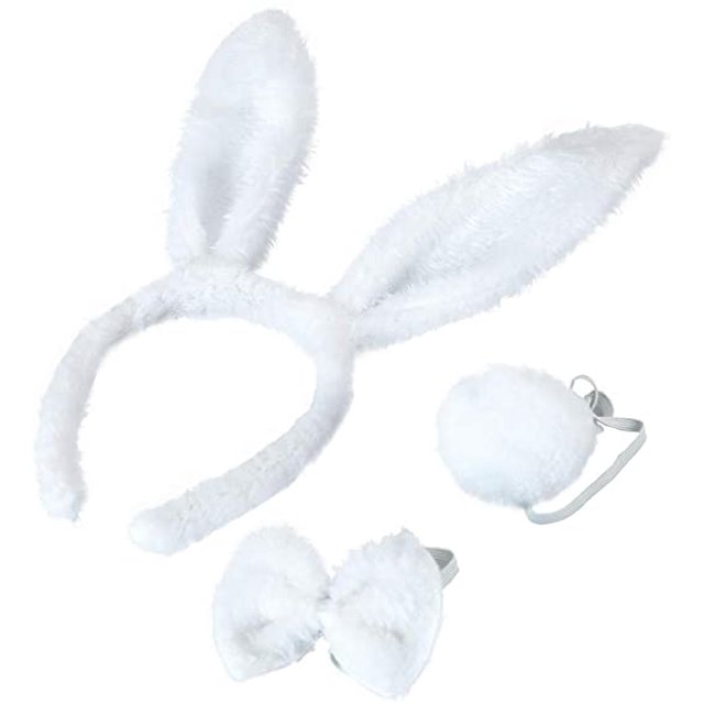 Bunny Rabbit Ensemble de Costume, Serre-Tête Oreilles Nœuds Papillon Queue Ensemble, Accessoires de Costume d'Halloween (Blanc)