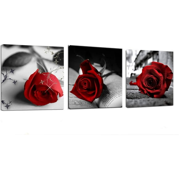 Canvas Wall Art Red Rose Flowers on Gray Books Pictures Painting -12" X 12" X 3 Panels Canvas Prints for Home Bathroom Bedroom Wall Decor,Frameless-Rose Book Flowers