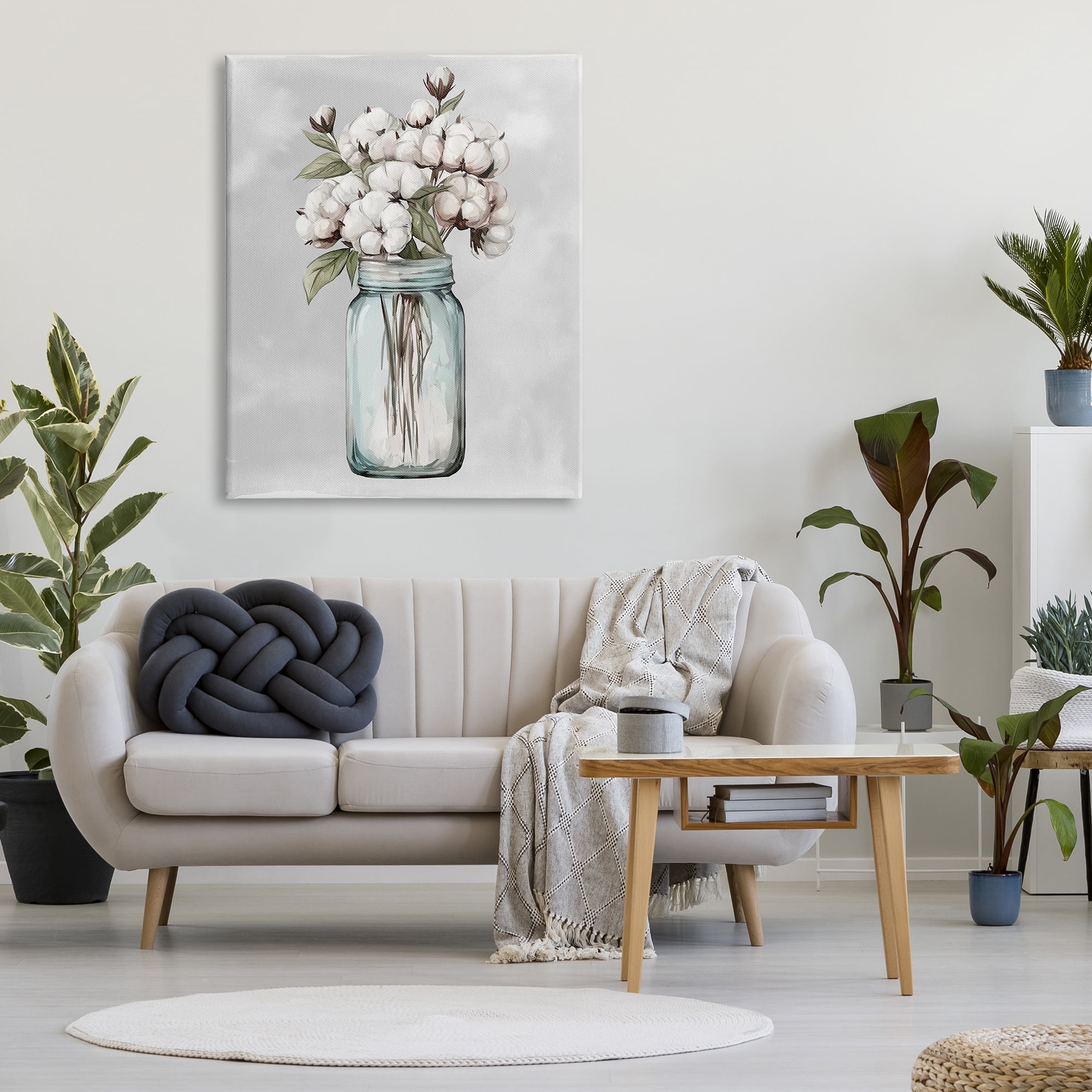 Stupell Industries Cotton Flower Sprigs Farmhouse Jar Botanical & Floral Painting Gallery Wrapped Canvas Print Wall Art