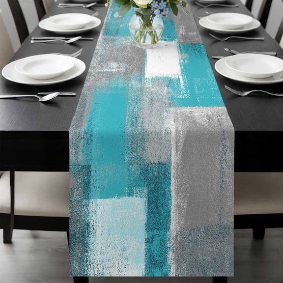 Turquoise Grey Ombre Table Runner 120 Inches Long, Abstract Vintage Oil Painting Kitchen Coffee Dining Table Decoration for Home Party Birthday Wedding Home Decor 13x120 Inches