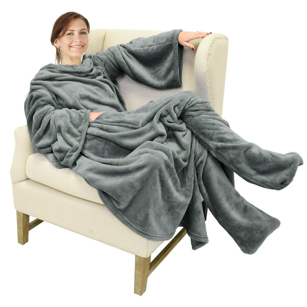 Fleece Blanket Wearable with Sleeves & Foot pockets for Men and Women ...