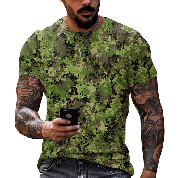 Men’s Short Sleeve Crew Neck T Shirt with Camouflage Print Comfortable Regular Fit Casual Style for Everyday Wear Army Green L
