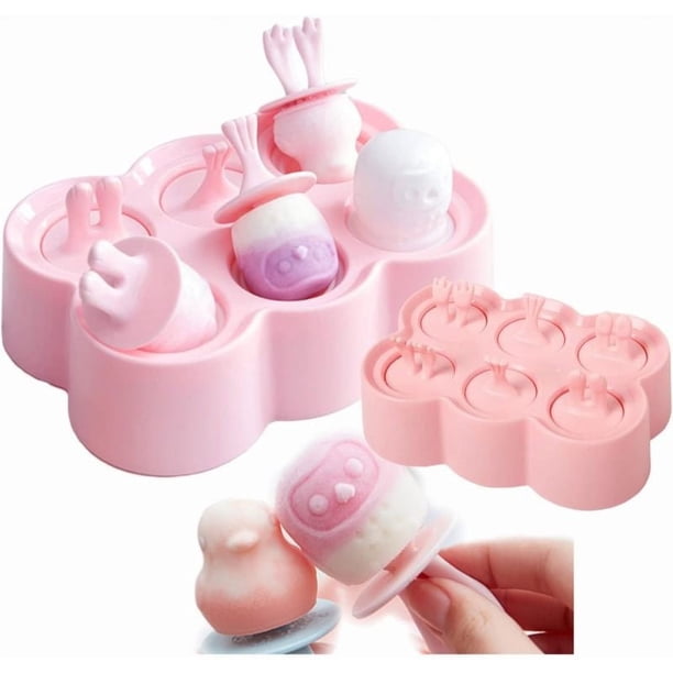 Mini moldes para paletas para niños, bebés, lindas formas de animales, 6 piezas, máquina para hacer paletas de hielo, helado de silicona, fabricación casera DIY (rosa)