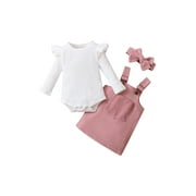 Baby Girls Casual Solid Color Outfit Round Collar Long Sleeve Romper with Suspender Skirt Headdress