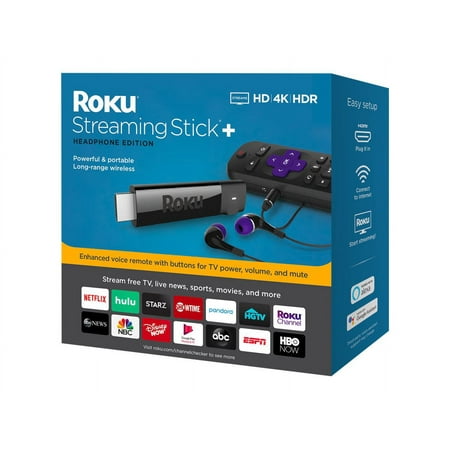 Roku - Streaming Stick+ 4K Headphone Edition with Voice Remote with TV Power and Volume Streaming Media Player - Black