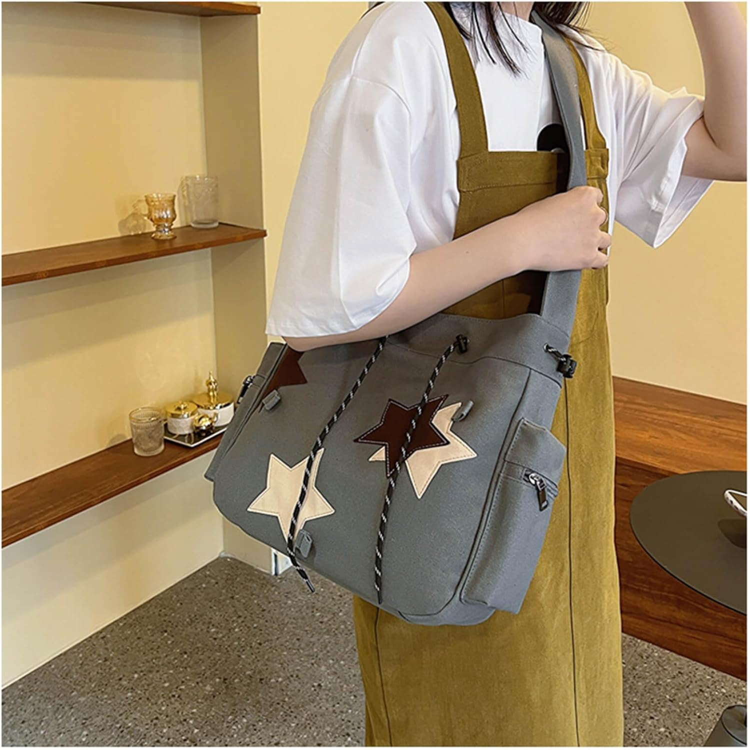 Y2K Star Canvas Messenger Bag, Cute Tote Bags Aesthetic, Small Shoulder Travel Crossbody Bags For Women