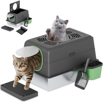 YODOLLA Extra Large Enclosed Stainless Steel Cat Litter Box with Lid, Front Dual-Door and Top Exit Metal Kitty Pan Box for Big Cats, w/ Poop Scoop,Box Step, Waste Bin & Trash Bags in Black