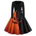 thumbnail image 2 of Women's Halloween Dress Spider Hepburn Long Sleeve Novelty Dresses Castle Printed V-Neck Casual Swing Dress with Belt M, 2 of 5