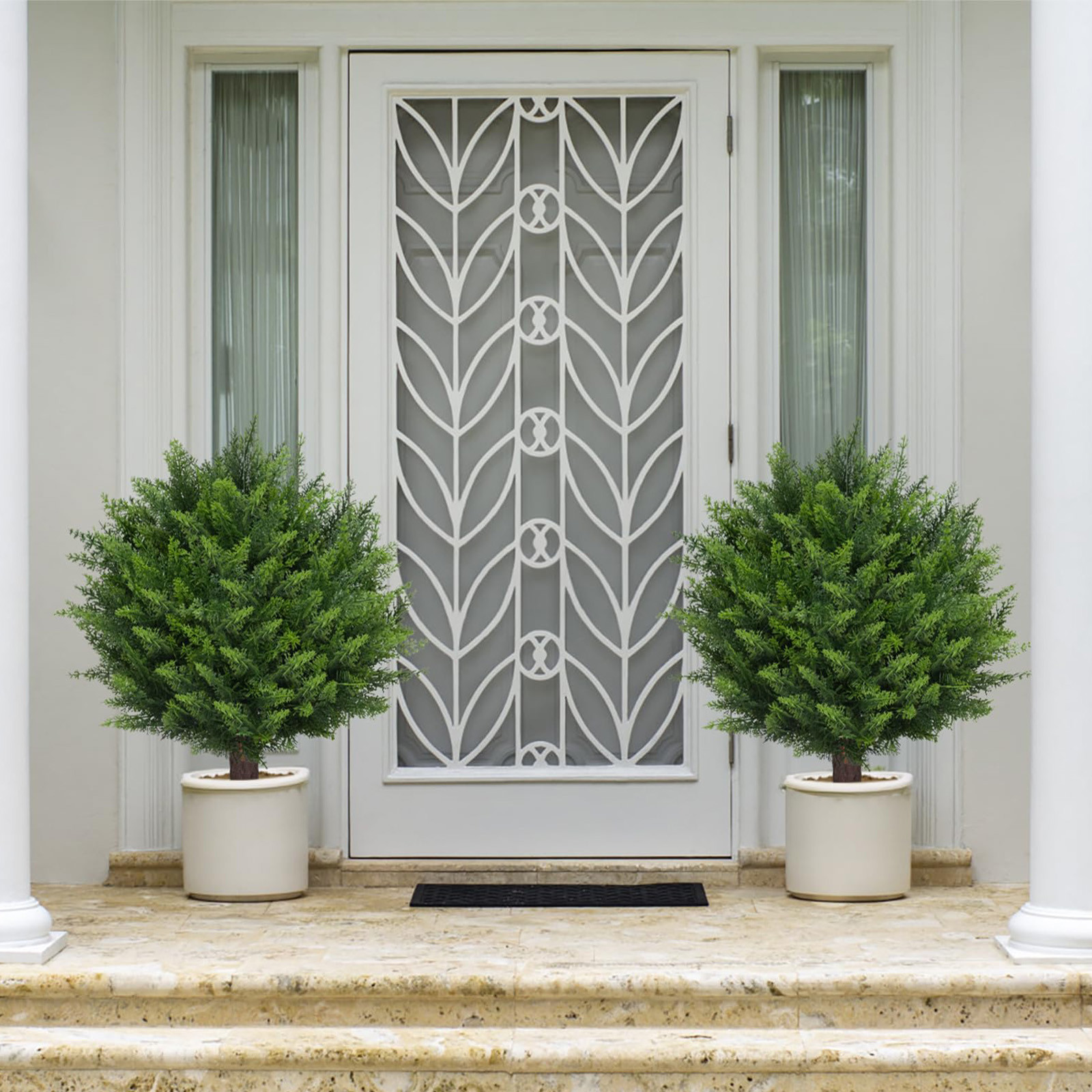 Artificial Cedar Shrub Ball Trees with Ground Spikes, Faux Bush Plants, Outdoor Artificial Plants Fake Cedar Potted with Ground Spike for Home Front Porch Decor Outside Garden Clearance