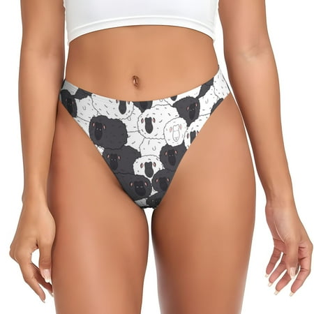 Qokaie Black And White Sheeps Printed Women s Cotton Thong Underwear  Sexy Breathable Panties G-string-Medium