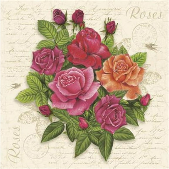 Vintage Decoupage Napkins ROSE POSTCARD 40pcs Lunch Paper Napkins, Decorative Napkins, Decoupage Paper Napkins, Vintage Script Napkins