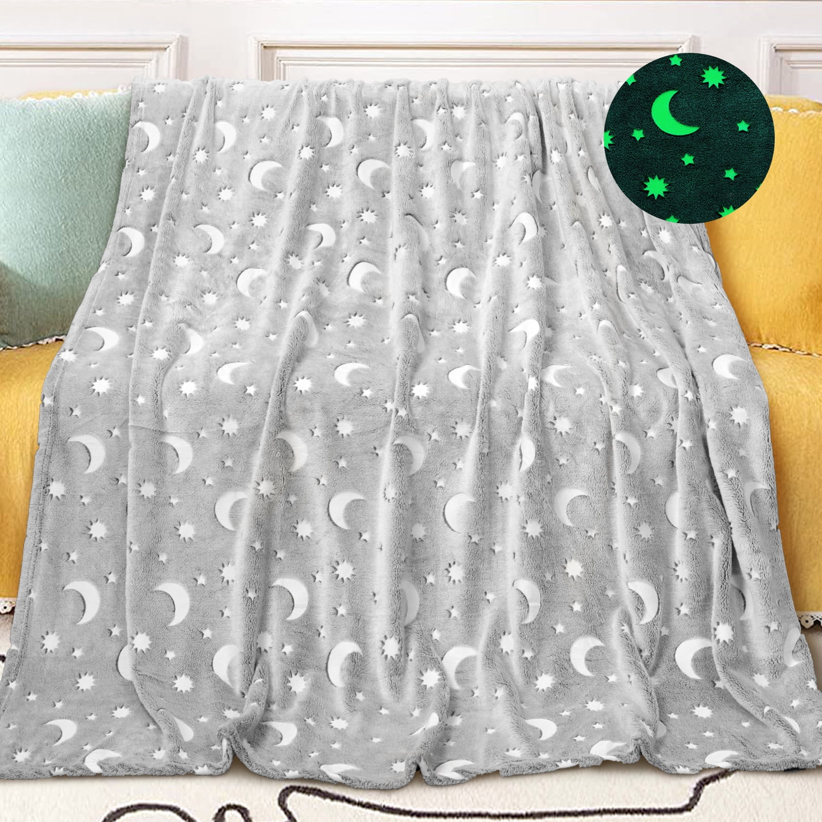 Glow in The Dark Throw Blanket Large Size 60x70 inches Grey Moon Star