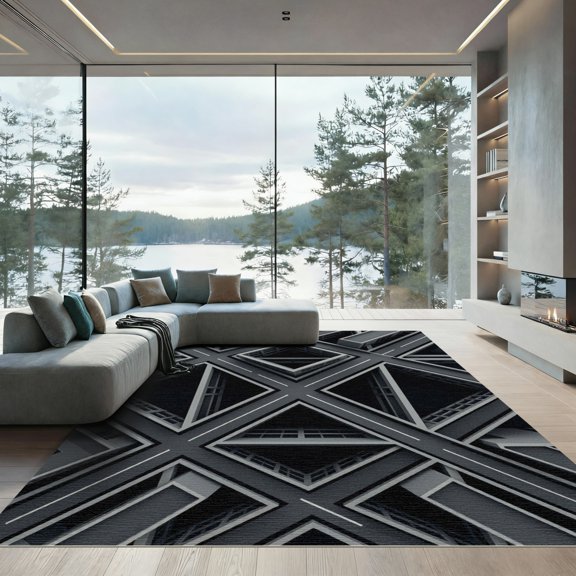 ODIKA 4' x 6' Machine Washable Non-Slip Area Rug, geometric geometric High Traffic Rug, Gray, 1009633