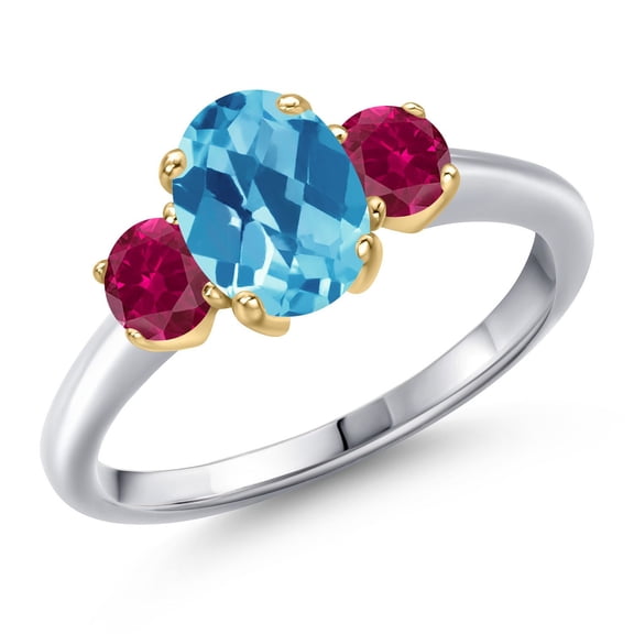 Gem Stone King 10K Two Tone Gold Swiss Blue Topaz and Red Created Ruby Engagement Ring for Women | 1.80 Cttw | Oval Checkerboard 8X6MM | Gemstone November Birthstone | Size 7