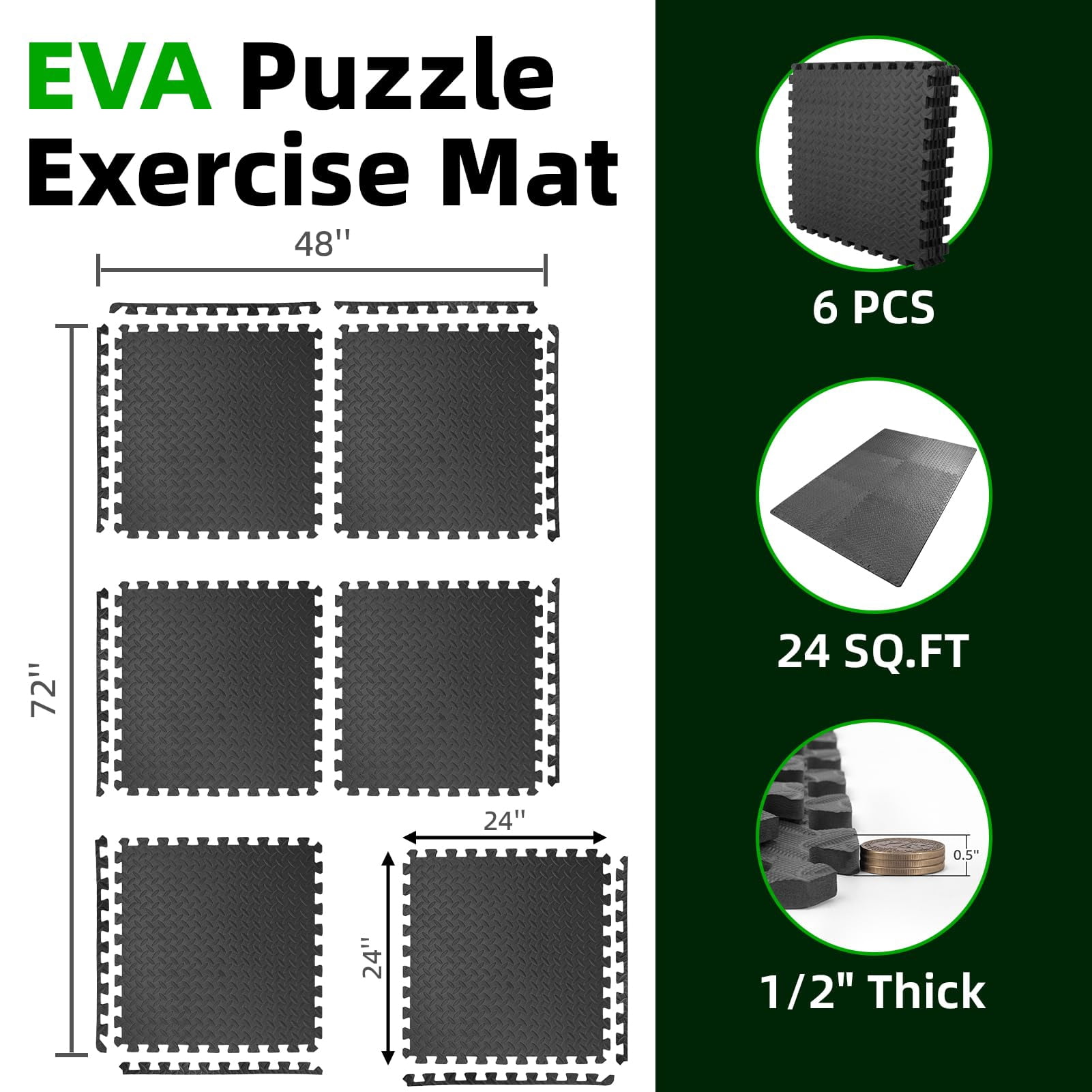 6 Pack 24" X Eva Interlocking Exercise Mats  1/2" Thick Foam Puzzle Flooring For Workout Gym Equipments Areas 24 Sq.ft Black