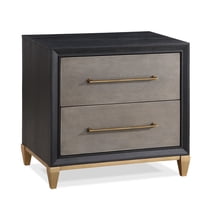 JERFIT Modern Nightstand with 2 Drawers, Dark Brown Wood Bedside Table with Brushed Gold Handles & Tapered Legs for Bedroom