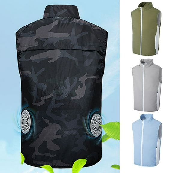 Joernso Air Conditioning Clothing Sleeveless Stand Collar Zipper Camouflage Print Fan Cooling Vest for Outdoor