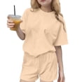 thumbnail image 1 of Ensemble T-Shirt et Short pour Filles, Haut à Col Rond Uni à Manches Courtes et Short, Tenue de Sport Décontractée Deux Pièces pour Enfants, 1 of 7