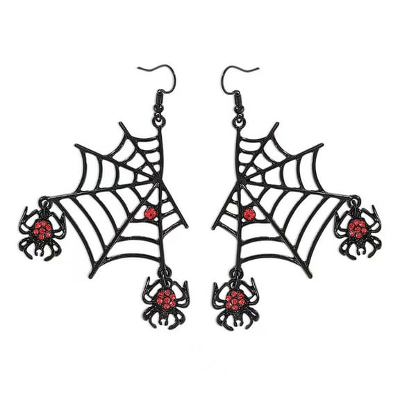 Halloween Earrings, Spider Web Earrings, Red Rhinestone Arachnid Dangle Earrings, Metal Alloy Lightweight Punk Style Party Accessories for Women