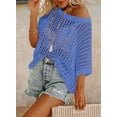 thumbnail image 2 of Womens Summer Scoop Neck Short Sleeve Sweater Casual Crochet Hollow Out Knit Tops Pullover Shirts Beach Blue M, 2 of 4