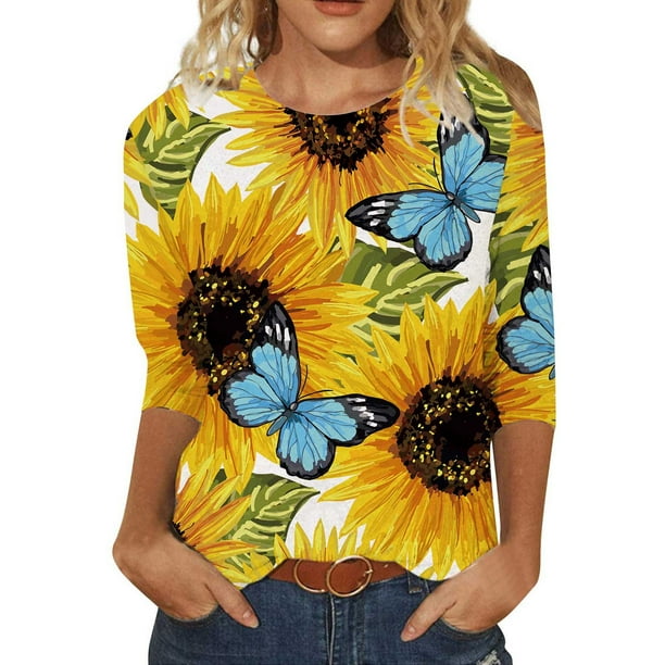 Moda para mujer O-cuello Casual Tres cuartos Estampado de girasol Tops Camiseta Blusa Pompotops FGAJ2001