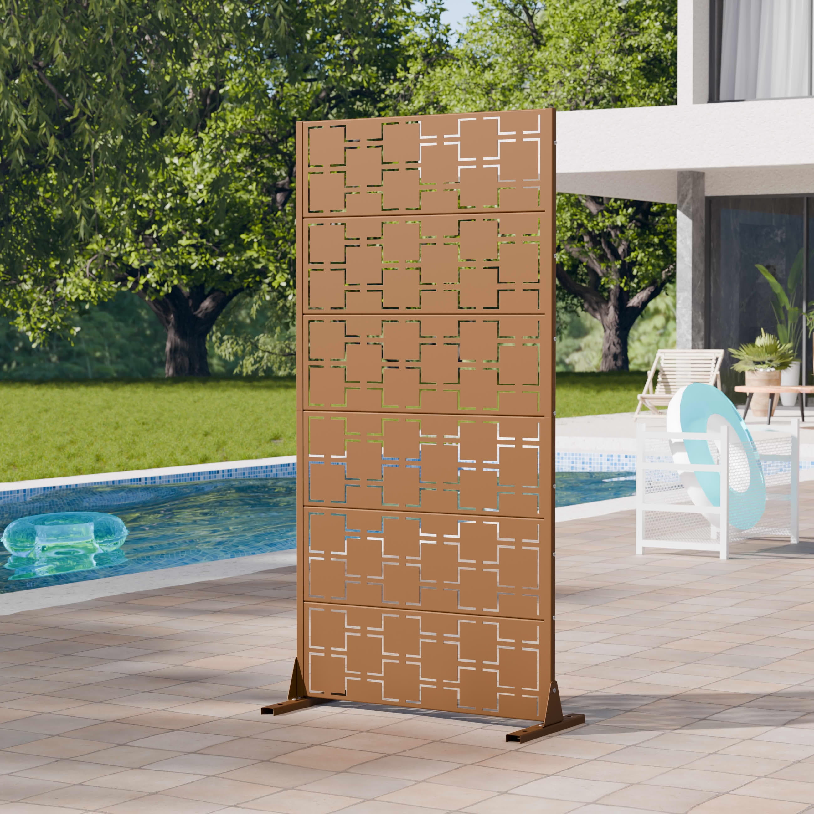 MAYEERTY 2-Piece Outdoor Metal Privacy Screen 6ft × 3ft Brown, 6-Panel Square Geometric Pattern Decorative Screen for Patio