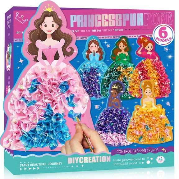 Einailvk Poke Art Craft Kit for Kids Ages 4-8 , Mess-Free DIY Toy with 6 Princesses & 1 Star, Birthday & Holiday Gifts for Girls