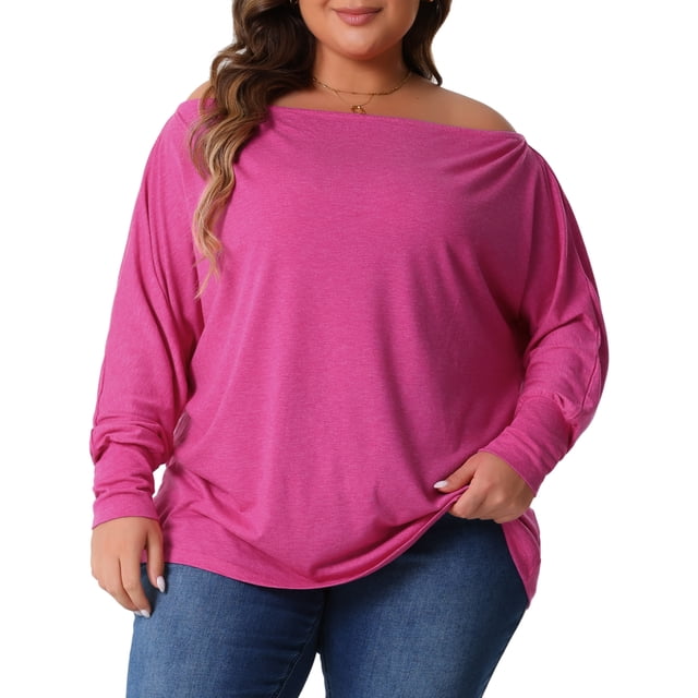 Blusas básicas de manga larga sin hombros para mujer de tallas grandes Agnes Orinda, camisetas de 2X en rosa intenso
