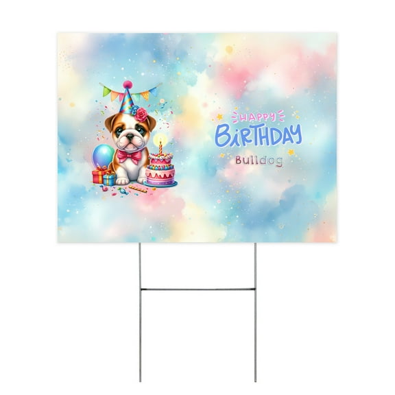 Happy Birthday Cute Puppy Bulldog with Cake Gifts Party Hat Yard Sign Dog Lover Gifts Idea Outdoor Home Lawn Garden Porch Decor - 00029