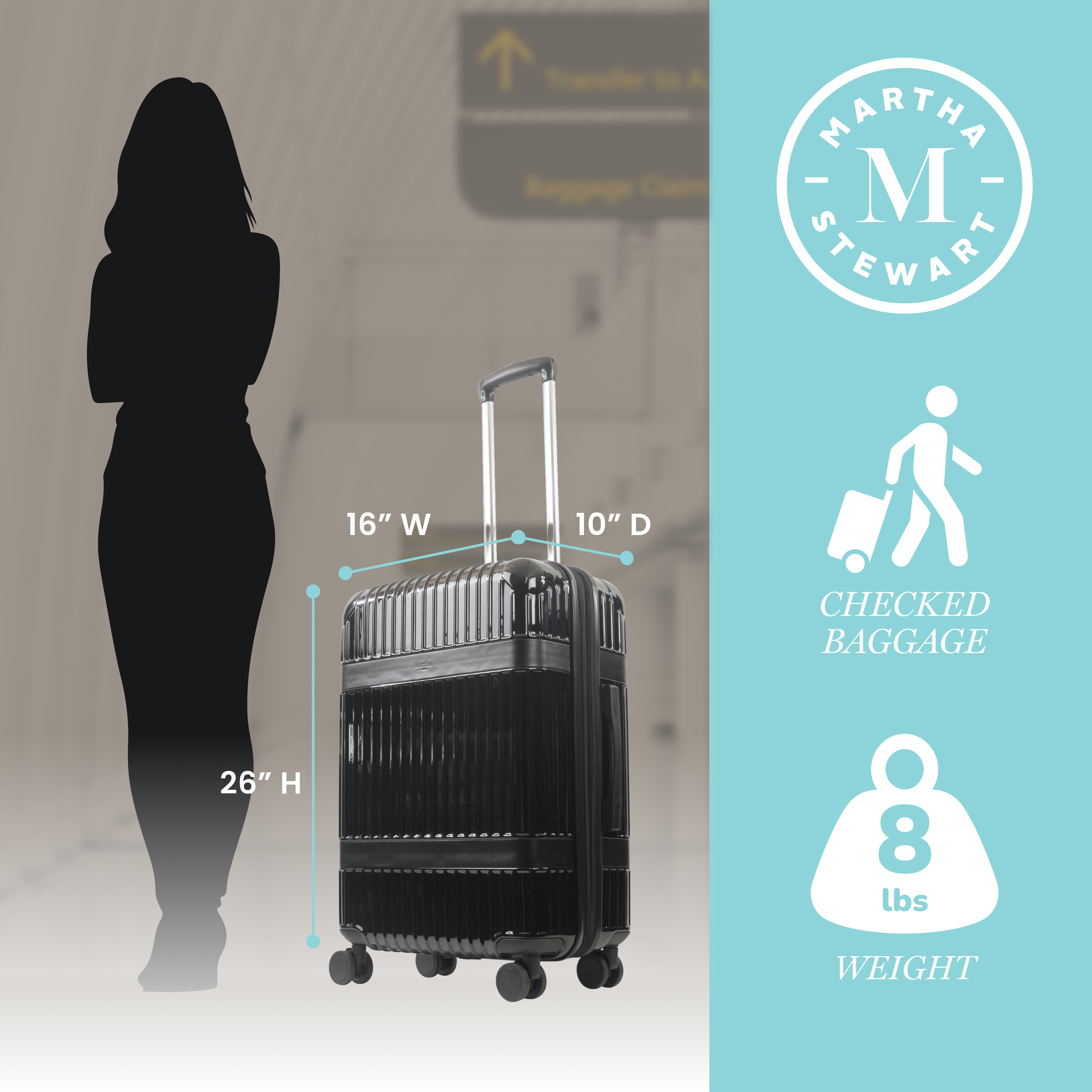 Martha Stewart The Bedford 26 Inch Rolling Luggage, Hardshell Suitcase with Spinner Wheels, Black