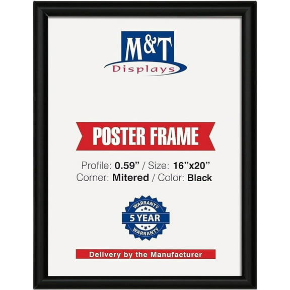 M&T Displays Snap Poster Frame 16x20 Inch Black 0.59" Aluminum Profile Front Loading Wall Mounting Picture Photo Document Certificate Sign Holder Mitered Corner Anti Glare Cover