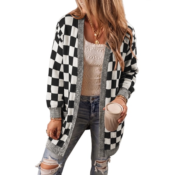 Eytino Cardigans for Women Color Block Plaid Oversized Sweaters Long Sleeve Open Front Knit Cardigan Fall Winter Outwear