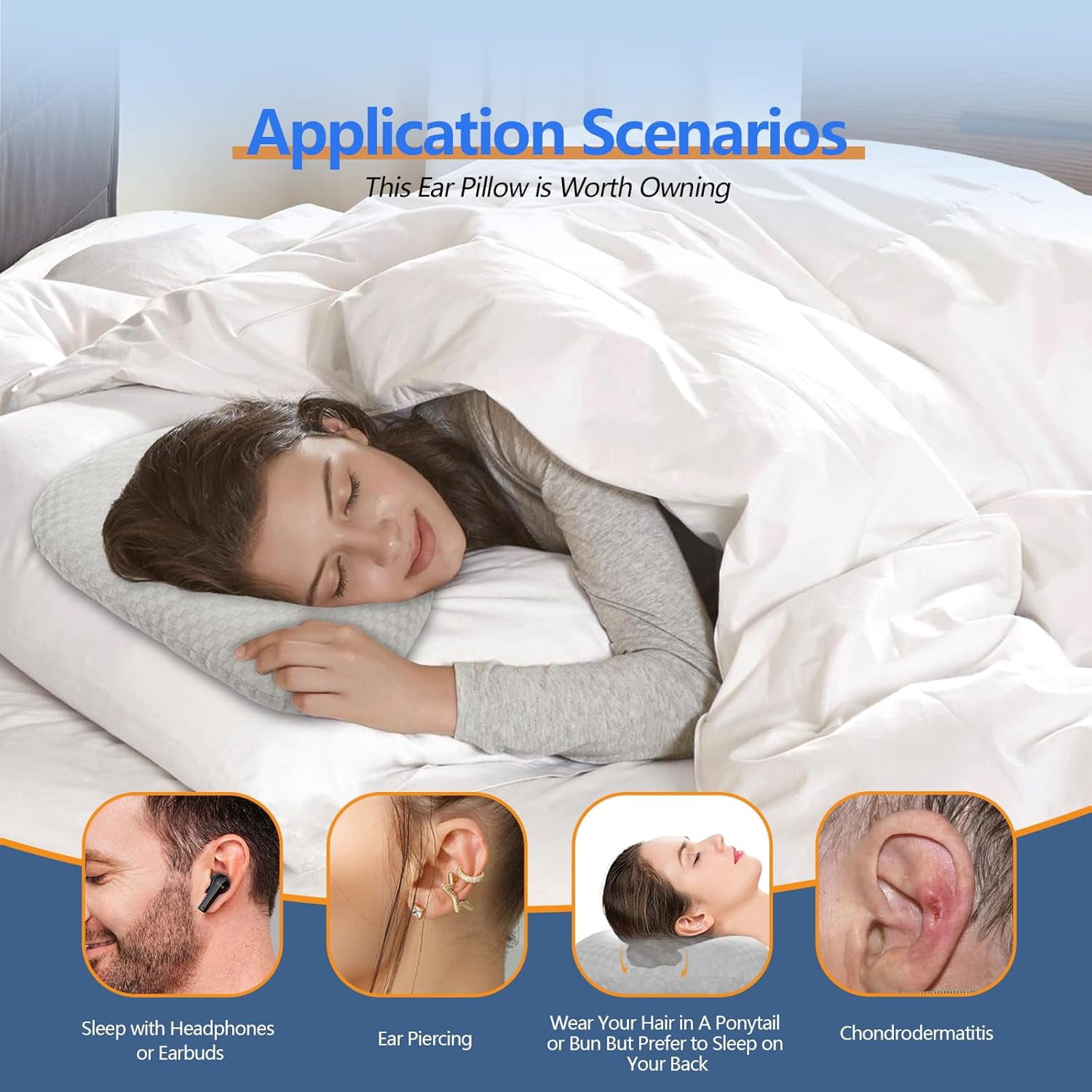 Ear Piercing Pillow with an Ear Hole, Cotton and Polyester Side Sleeping Pillow for CNH and Ear Pain Ear Inflammation Pressure Sores for Side Sleepers, Ear Guard Pillow (Light Grey)