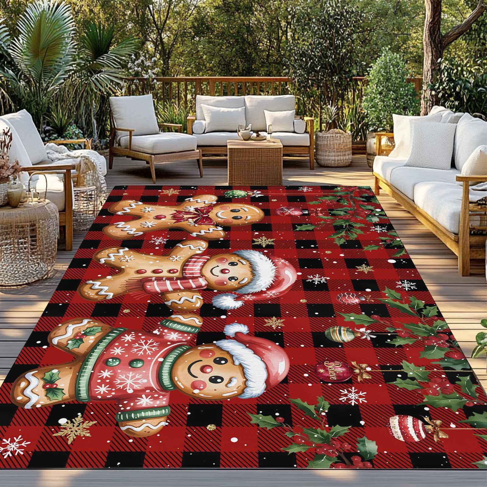 Fsddascl Red Plaid Christmas Gingerbread Outdoor Rug for Patio/Deck/Porch, Non-Slip Large Area Rug 5 x 8 Ft, Xmas Balls Snowflake Indoor Outdoor Rugs Washable Area Rugs, Camping Rug Carpet Runner