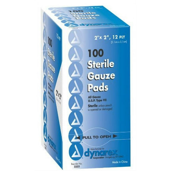 Dynarex Sterile Gauze Pads 2'' x 2'', 12 ply, 3 Boxes of 100