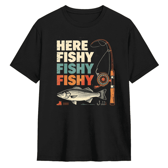 Here Fishy Fishy Fishy Retro Fishing Pole Graphic Tee for Men and Women Vintage Fisherman Cotton Short Sleeve T Shirt