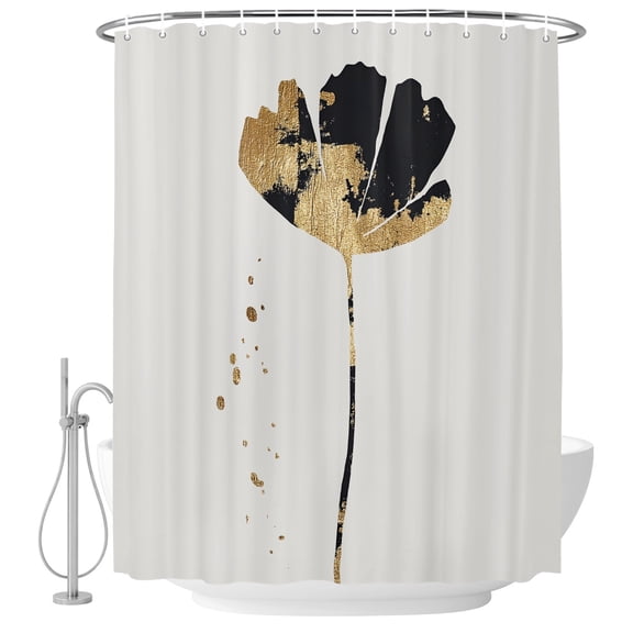 Small Stall Shower Curtain 36x72 Inch Narrow Half Size Black Gold Flower Bath Curtains Bathroom Decor, Farmhouse Simple Botanical Floral Waterproof Fabric Shower Curtain Set with Hooks 36 Inch