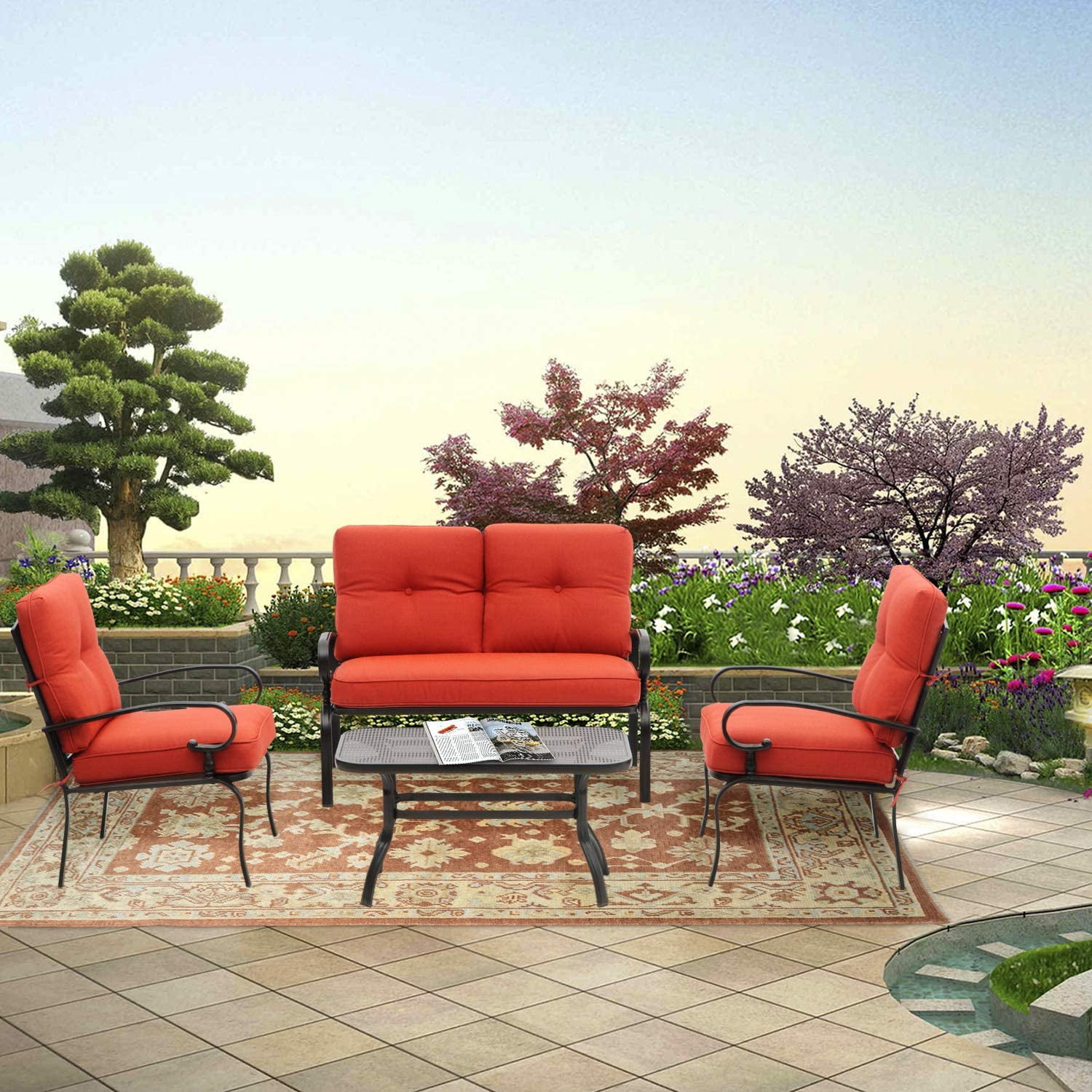 SOLAURA 4-Piece Outdoor Furniture Patio Conversation Set with Metal Table and Seating Cushions(Red)