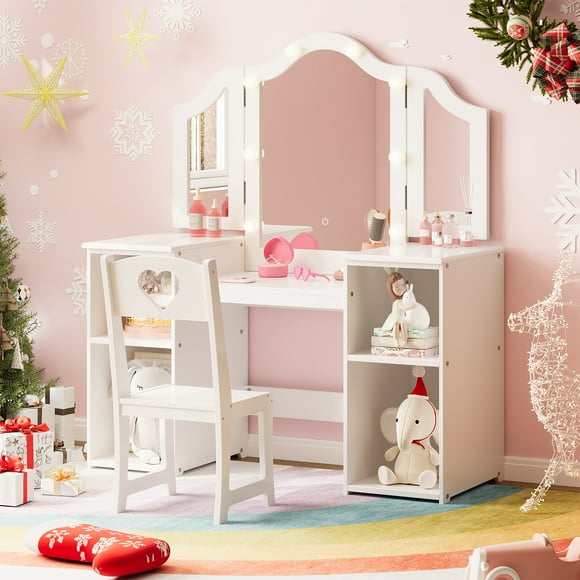 Kids Vanity Set with Lights & Storage, 2-in-1 Toddler Vanity Table & Chair with Tri-Fold Mirror, Detachable Touch Light Wooden Dresser for Girls