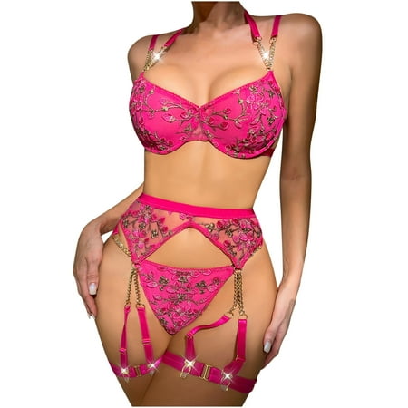 

YYDGH Lingerie Set for Women with Garter Sexy Chain Floral Embroidered Lingerie Lace 4 Piece Underwire Bra and Panty Hot Pink S