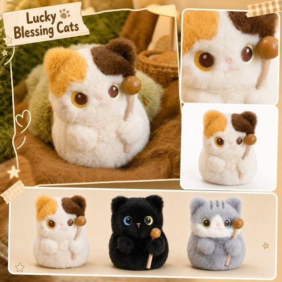 Calico Cat Plush Small Stuffed Animal, 5 Inch Cuddly Winged Cat Kawaii Stuffed Cat Plush with Wood Mini Mallet Accessory Soft Toys for Student 1 Pack