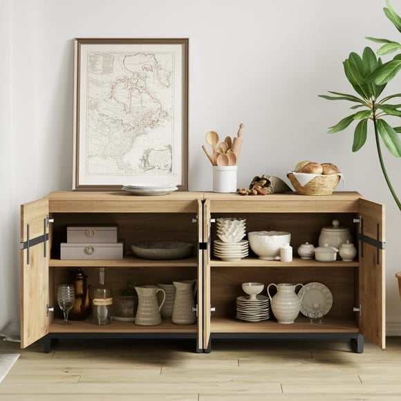 WAMPAT Modern Wood Credenza, 2 in 1 Sideboard Buffet, 63" Kitchen Storage Cabinet, Adjustable Shelf, Doors, Coffee Bar Accent Cabinet for Dining Room, Living Room, Oak