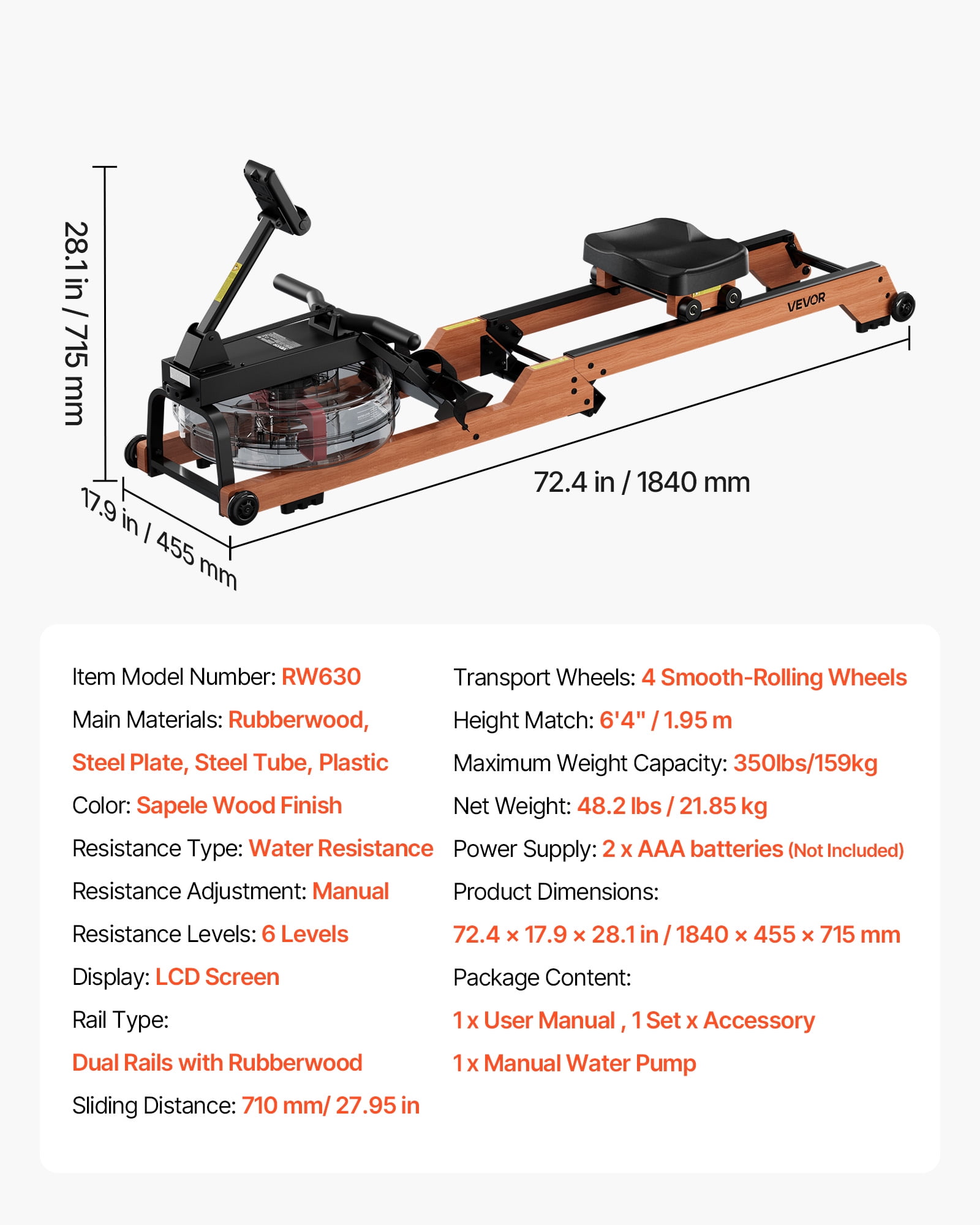 VEVOR Water Rowing Machine, 6-Level Quiet Resistance, Wooden Foldable Rower Machine with 14L Water Tank & LCD Monitor, Bluetooth App Compatible,350LBS Weight Capacity, Immersive Row Machines for Home